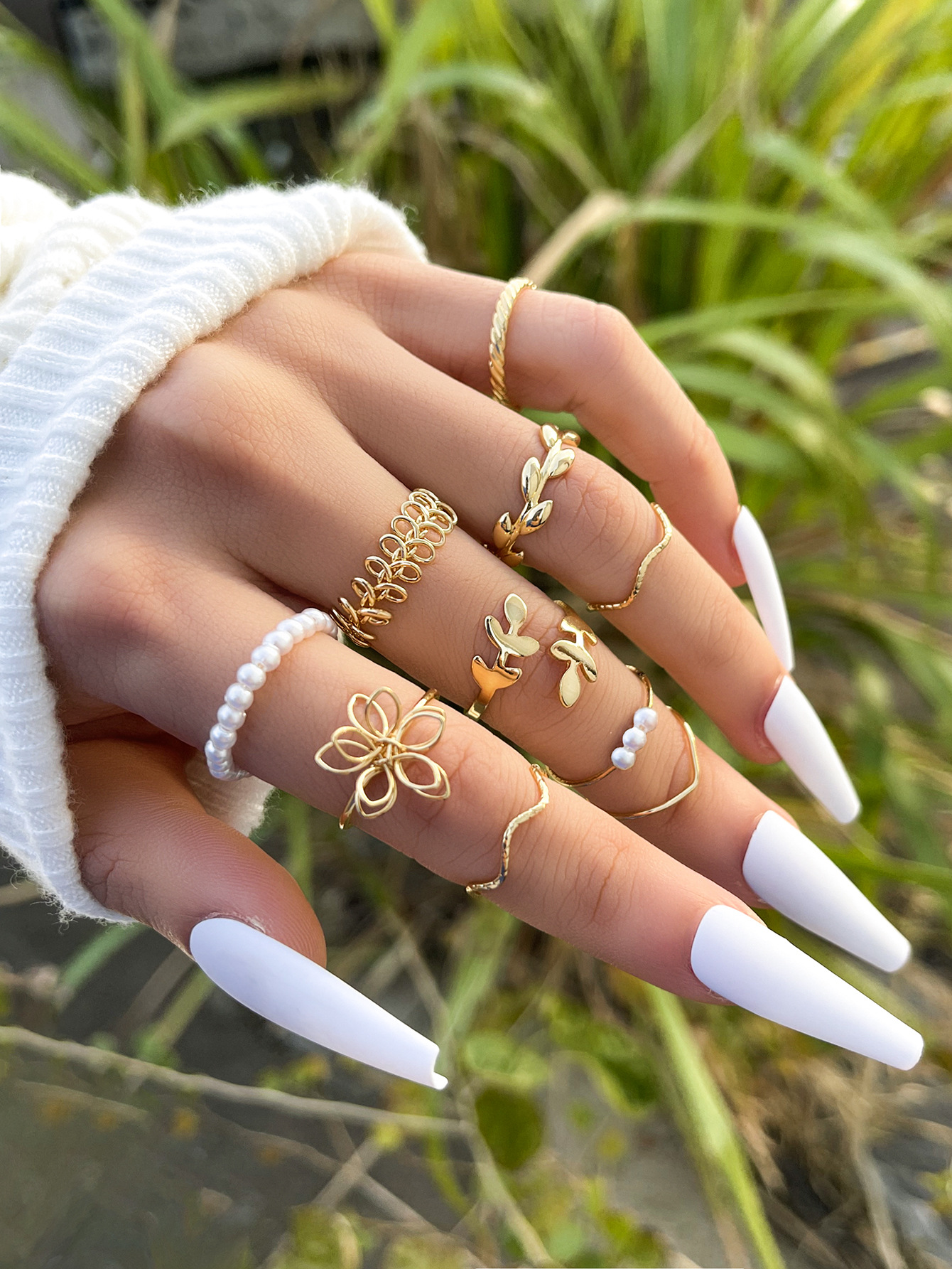 Fashion Simple Hollow Glossy Flower Leaf Vine Imitation Pearl Ring 10-Piece Set