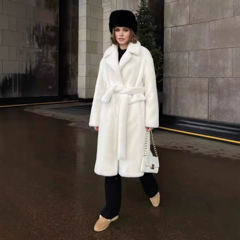 Amazon Европейская и американская трансграничная одежда 2025 осень-зима имитация меха верхняя одежда из меха рекс-кролика длинная элегантная женская одежда