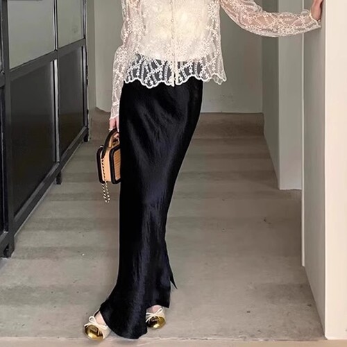 French solid acetate satin side slit semi-body skirt for women - spring new arrival, high-waisted, slimming, elegant long fish-tail skirt