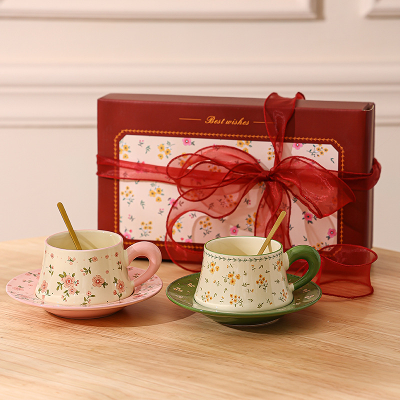 Cup Exquisite High-End Ceramic Cup Coffee Cup Watercolor Flower Coffee Cup Pair Cup Set Afternoon Tea Niche Cup and Saucer