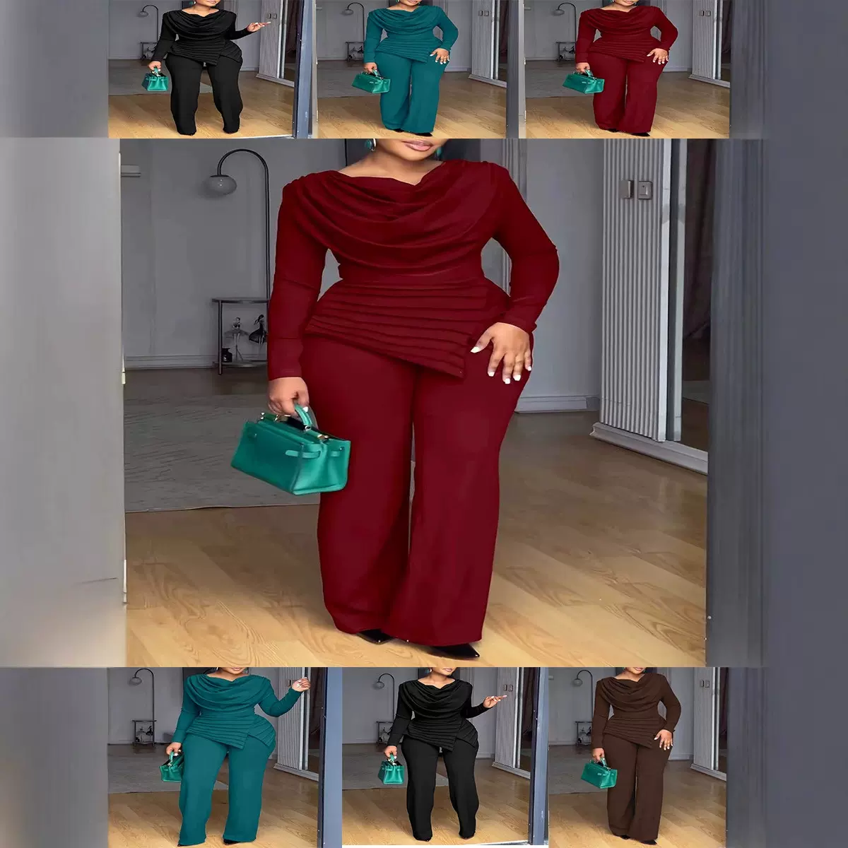 欧美新款2026跨境时尚套装亚马逊秋冬气质喇叭裤长袖纯色休闲女装