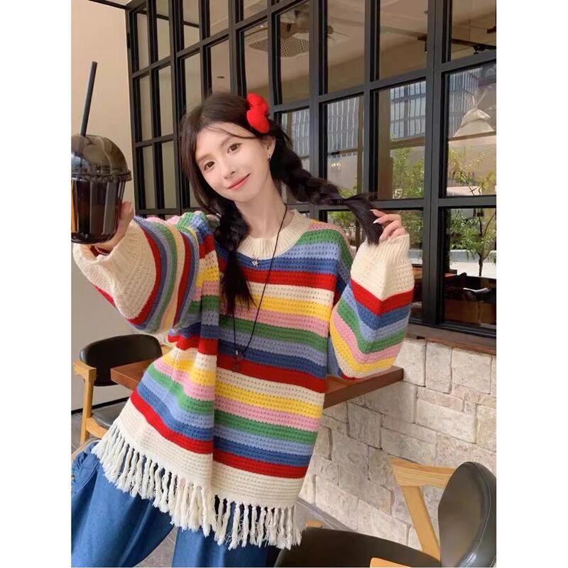 2024 New Arrival Lazy Style Rainbow Striped Knitted Sweater Winter Fashion Hot Girl Sexy Loose Thickened Top Women