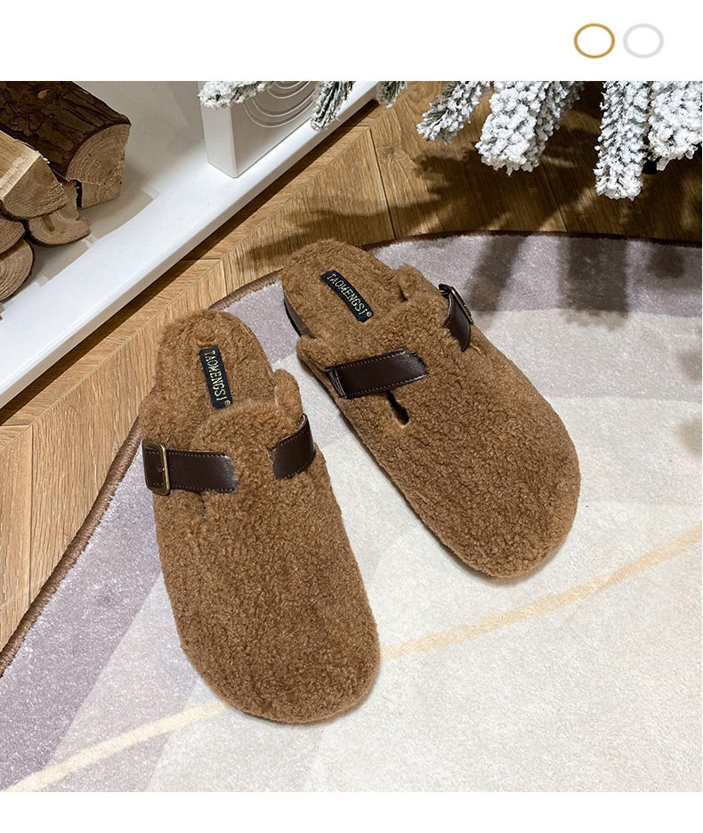 Dép nửa gót bít mũi lông xù kiểu Birkenstock cổ điển cho nữ, mũi tròn — Màu nâu, Màu trắng sữa, Màu đen chi tiết 17