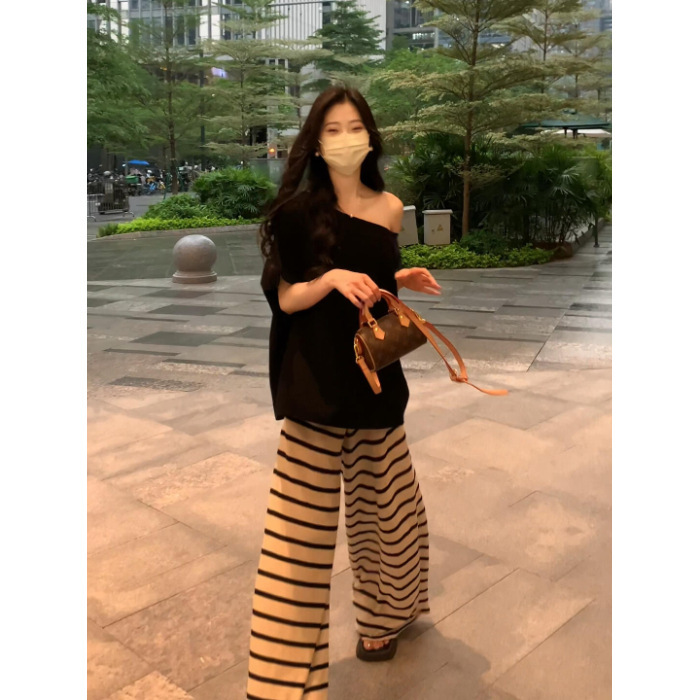 韩系条纹休闲裤女夏季新款2025宽松慵懒风显瘦松弛感长裤两件套潮|undefined