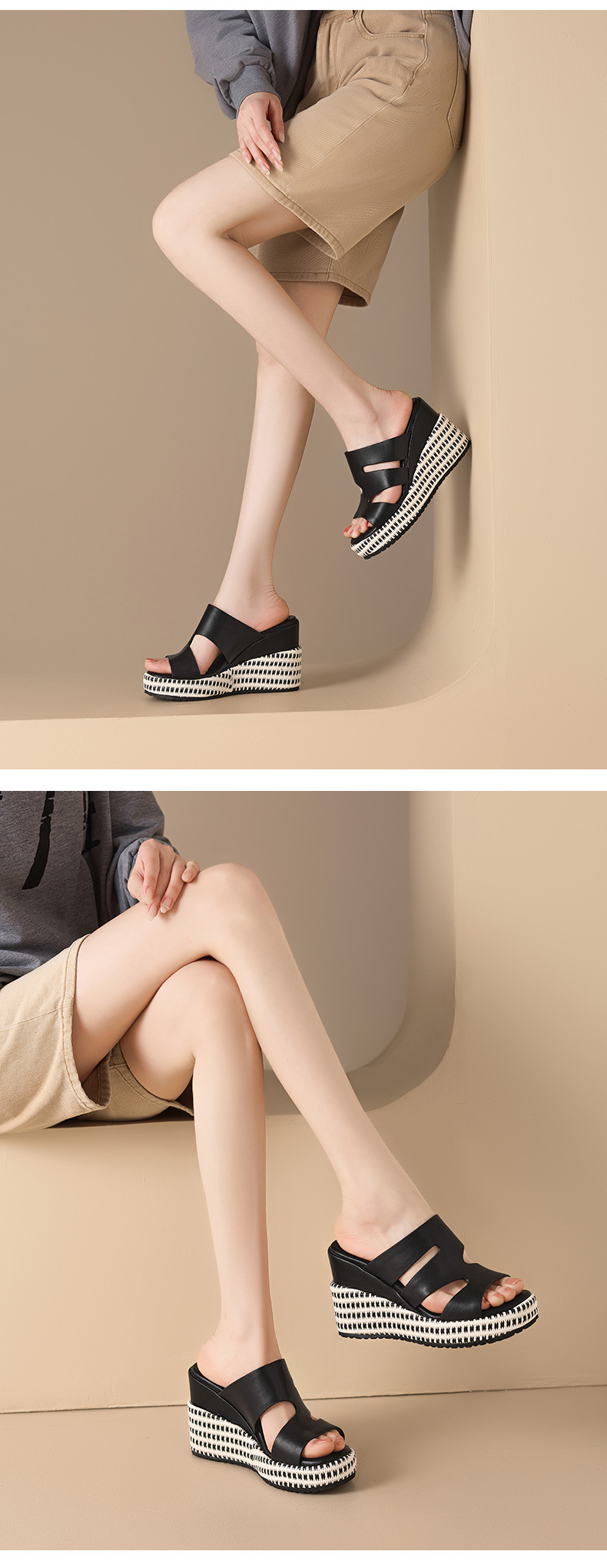 Dép sandal nữ quai chữ V đế xuồng cao gót 5 cm da PU mềm mại — màu đen, màu nâu nhạt, Trắng kem- chi tiết 12