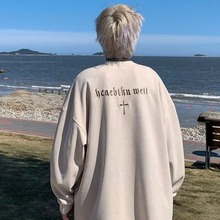 麂皮绒长袖T恤男欧美嘻哈刺绣潮牌宽松情侣休闲百搭体恤新款卫衣