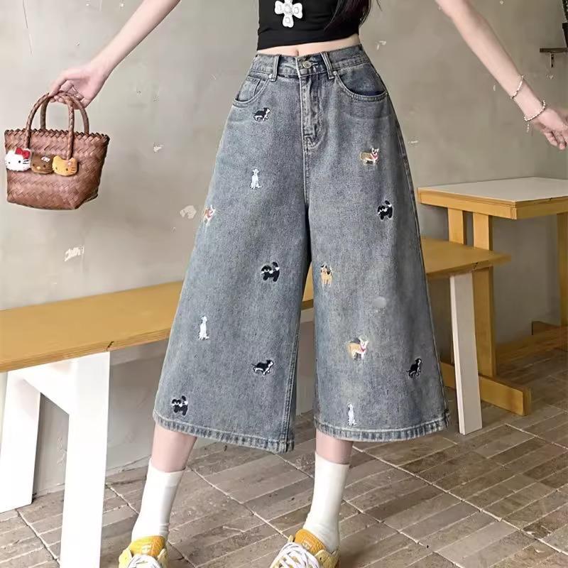 Dog Embroidered Denim Shorts Men's Summer Loose American High Street Pants Trendy Brand Handsome Retro Design Cropped Pants