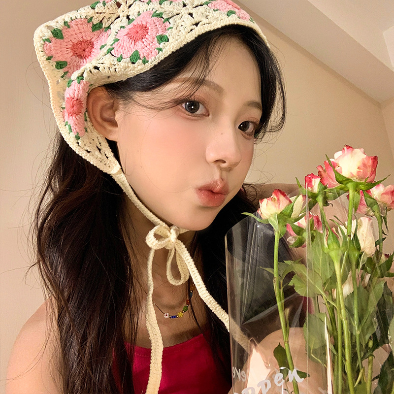La atmósfera de la playa de flores triangulares de punto turbante de mujer estilo retró pastoral francés correa de pelo para tomar fotos