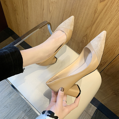 Women's Pointed Toe Fashion Single Strap Shoes  Spring New Korean Style Low Mouth Thick Heel High Heel Women's Shoes Office Professional Shoes Drop Shipping