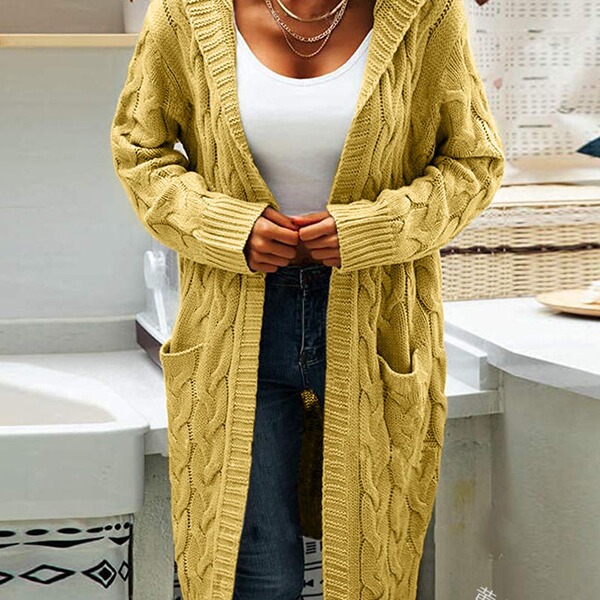 solid color knitted long sweater with hood