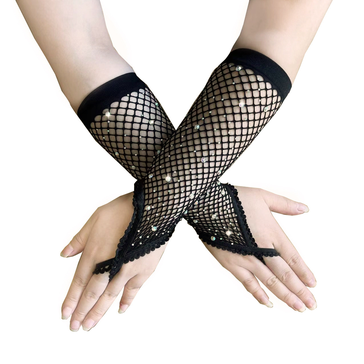 Cross-border Western and European fashionable mesh beaded elastic gloves, retro ball party color diamond role-playing gloves