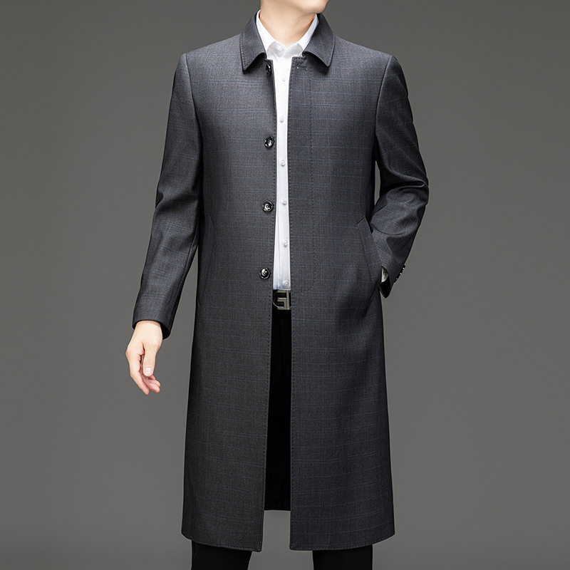Spring and Autumn Middle-Aged and Elderly Men's Cotton-lined Trench Coat, Long Knee-length Business Casual Lapel Men's Jacket