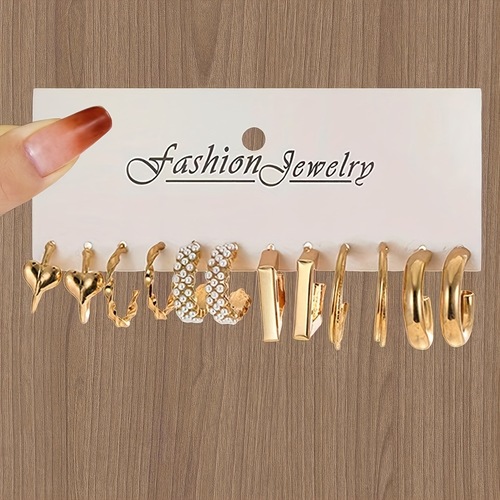 Bestselling European and American Metal Cubic Geometric Women's Earrings Set C-Shaped High-End Hoops