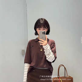 26早春新款Miu家学院风Polo领条纹拼接假两件T恤女 宽松显瘦上衣