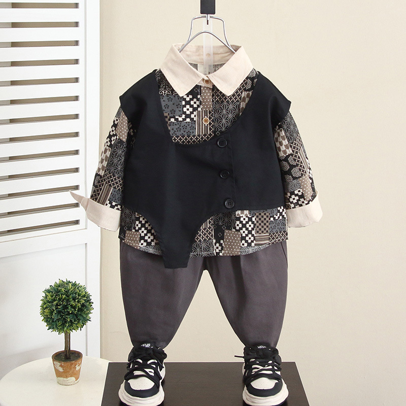 6076 niño primavera y otoño camisa de flores de moda traje de tres piezas traje de chaleco de otoño para niños guapo de moda 2024 nuevo niño