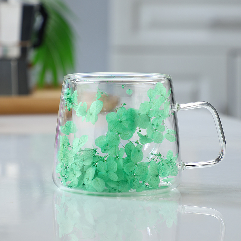 Cross-border Packaging: Trendy Real-flower Glass Cup, High-appearance Coffee Cup Handle, Double-layer Mug With Dried_voghion.com