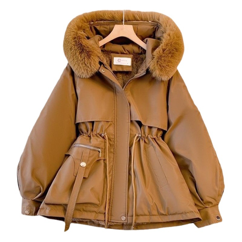 Forrado de lana gruesa Chaqueta de algodón acolchado de las mujeres de invierno cintura apretada cuello de piel grande ropa de trabajo chaqueta acolchada de algodón chaqueta caliente pequeña ropa de parka de estilo occidental image 1