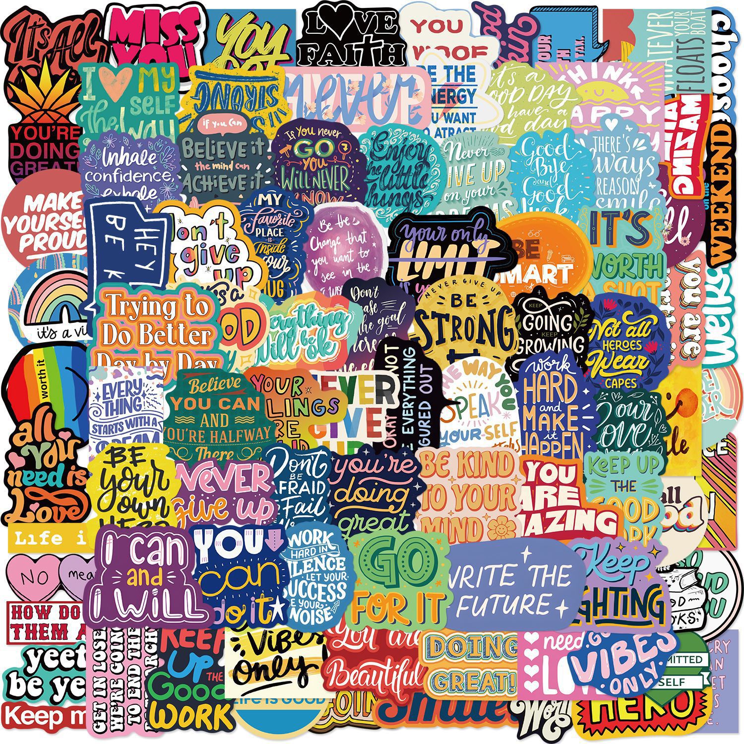 100张彩色励志英文短语涂鸦贴纸装饰笔记本行李箱DIY防水跨境贴纸