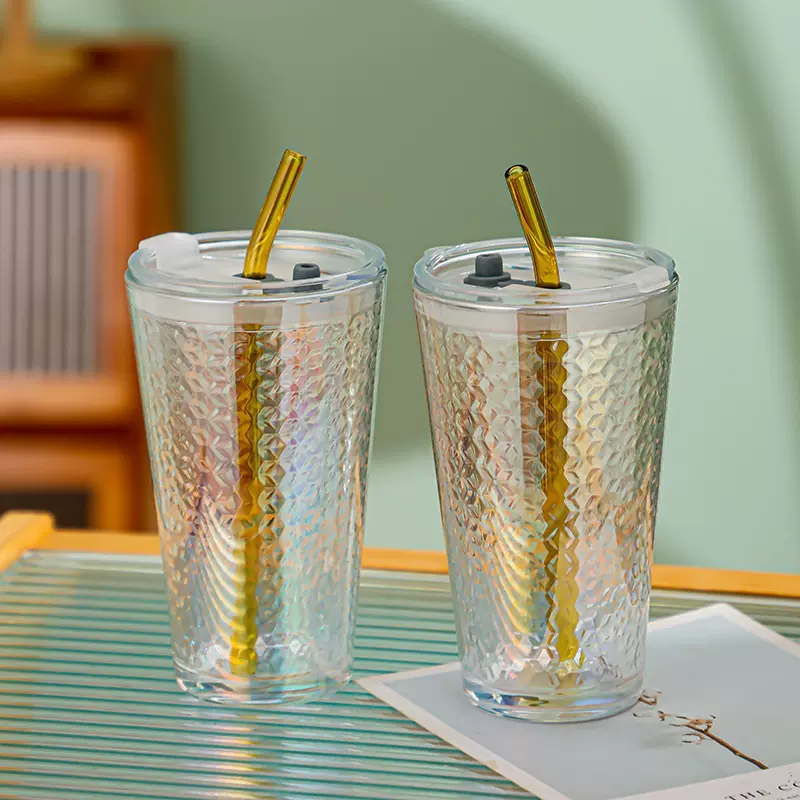 炫彩吸管杯锤纹杯大容量玻璃杯咖啡奶茶杯泡茶喝水杯耐高温电镀杯
