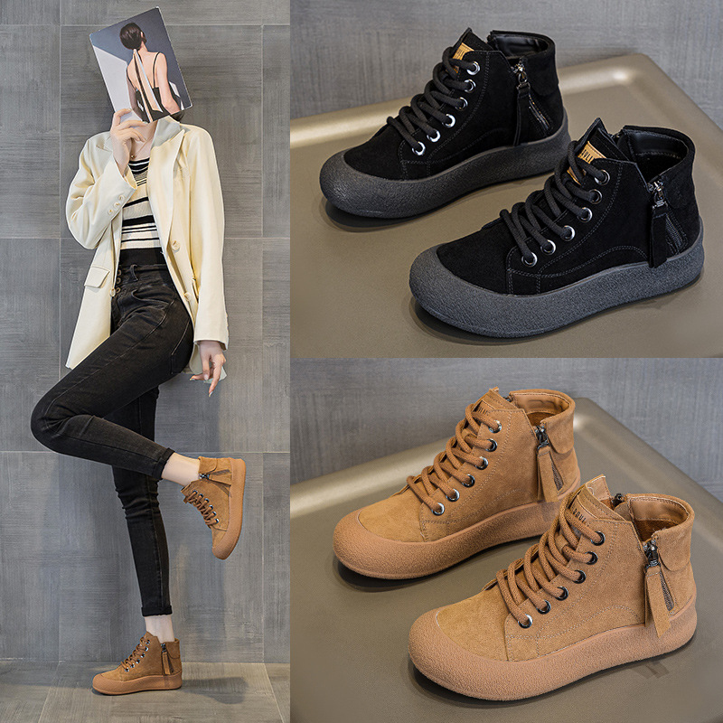 Tiktok Trending High-Top Thick-Soled Sneakers 2025 Autumn and Winter New Lace-Up Casual Versatile Large Size Fleece-Lined Ankle Boots