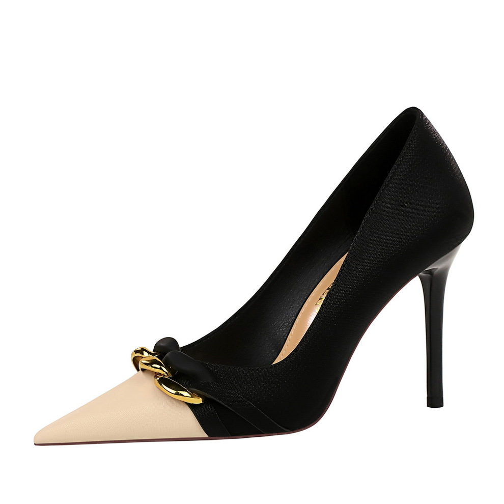 9283-2 style banquet high heels, thin heels, high heels, light cut color matching pointed metal chain decoration, women's shoes, single shoes