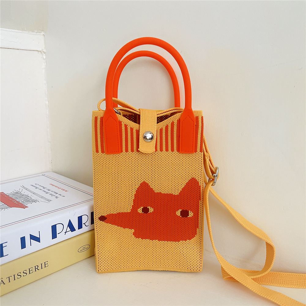 108g Weight Polyester Lining Material Buckle Closure Type Top Handle Strap Type Handbag Bags Type Casual, Daily Occasion Knit Material Cat Pattern All Seasons Season Women's Gender Vintage Style, Classic Style Style Bucket Shape Small Size Women's Small Knit Cat Vintage Style Classic Style Bucket Buckle Handbag 9