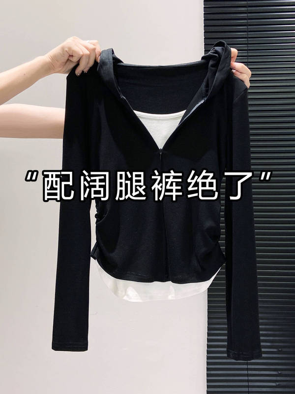 拉链拼接连帽假两件长袖t恤女春秋新款修身显瘦褶皱打底短款上衣|undefined