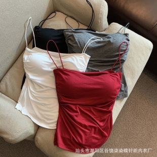 Trendy Ruched Camisole with Chest Pads, Pure Desire Style, Suitable for Layering or Wearing Alone, Spaghetti Straps, Beautiful Back, Slimming Tube Top