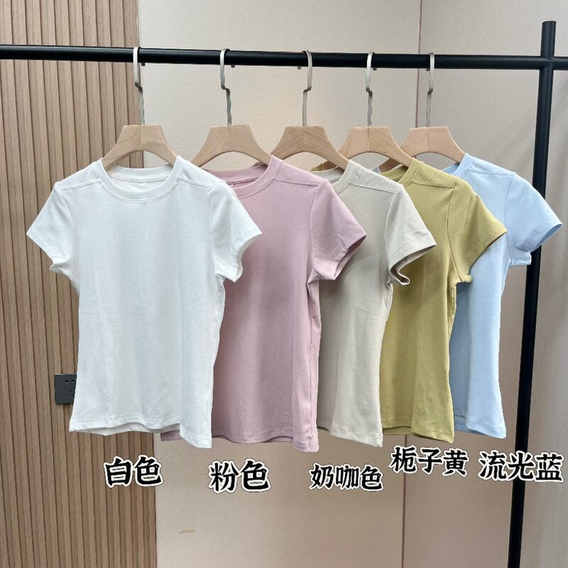 230g Ultra-Fine Ribbed Cotton Stretch Slim-Fit Round-Neck Short-Sleeve T-Shirt for Women, Summer Versatile Solid Color Half-Sleeve 230g Ultra-Fine Ribbed Cotton Stretch Slim-Fit Round-Neck Short-Sleeve T-Shirt for Women, Summer Versatile Solid Color Half-Sleeve