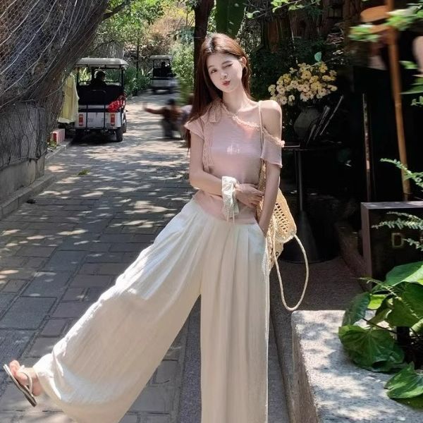 Pure Desire レースオフショルダー半袖 Tシャツレディース夏蝶ネクタイニット韓国風ピンチウエストトップ|undefined