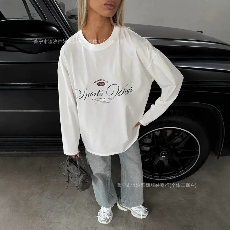 100% pure cotton long-sleeve American-style early autumn simple casual ins-style trendy letter print relaxed top T-shirt 100% pure cotton long-sleeve American-style early autumn simple casual ins-style trendy letter print relaxed top T-shirt