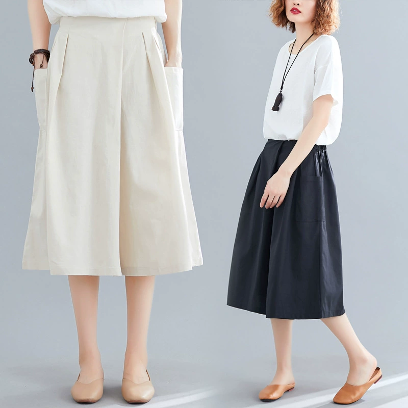 В наличии модные утягивающие брюки в корейском стиле с высокой талией, свободные укороченные широкие брюки, универсальные эластичные женские брюки-юбка 2025