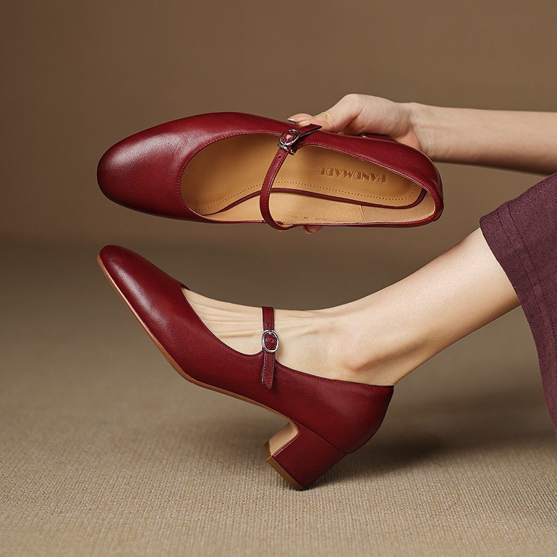 Giày Mary Jane nữ da bò mũi tròn quai ngang gót 5 cm phong cách retro — đen