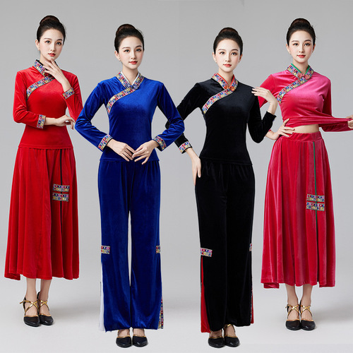 23 New Square Dance Costume with Tibetan Ethnic Embroidery for Middle-Aged and Elderly Women, Classical Dance Performance Suit Set