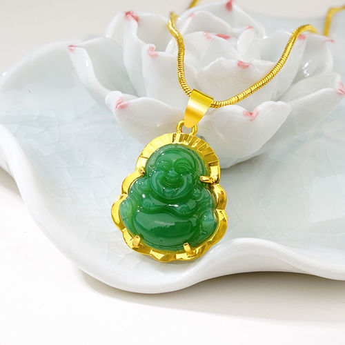 Vietnamese sand gold Maitreya Buddha chalcedony jade pendant necklace brass gold-plated Hetian jade gold inlaid jade female pendant live supply