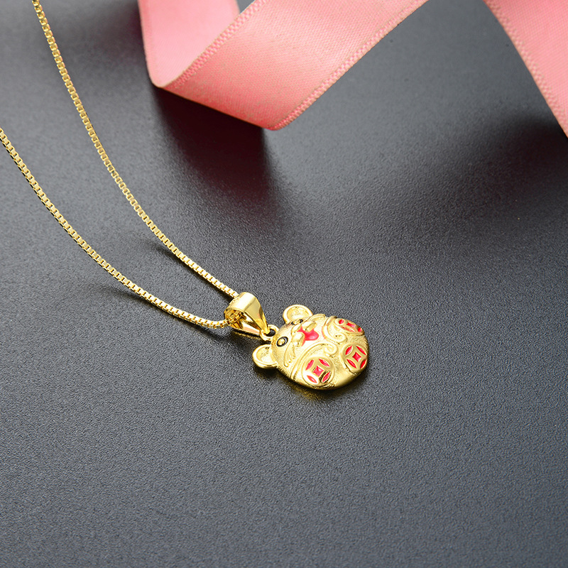 Regalo del día de San Valentín de Qixi 925 plata esterlina oro antiguo goteo de aceite de cobre moneda zodiacal colgante de ratón de la vida año collar mujer