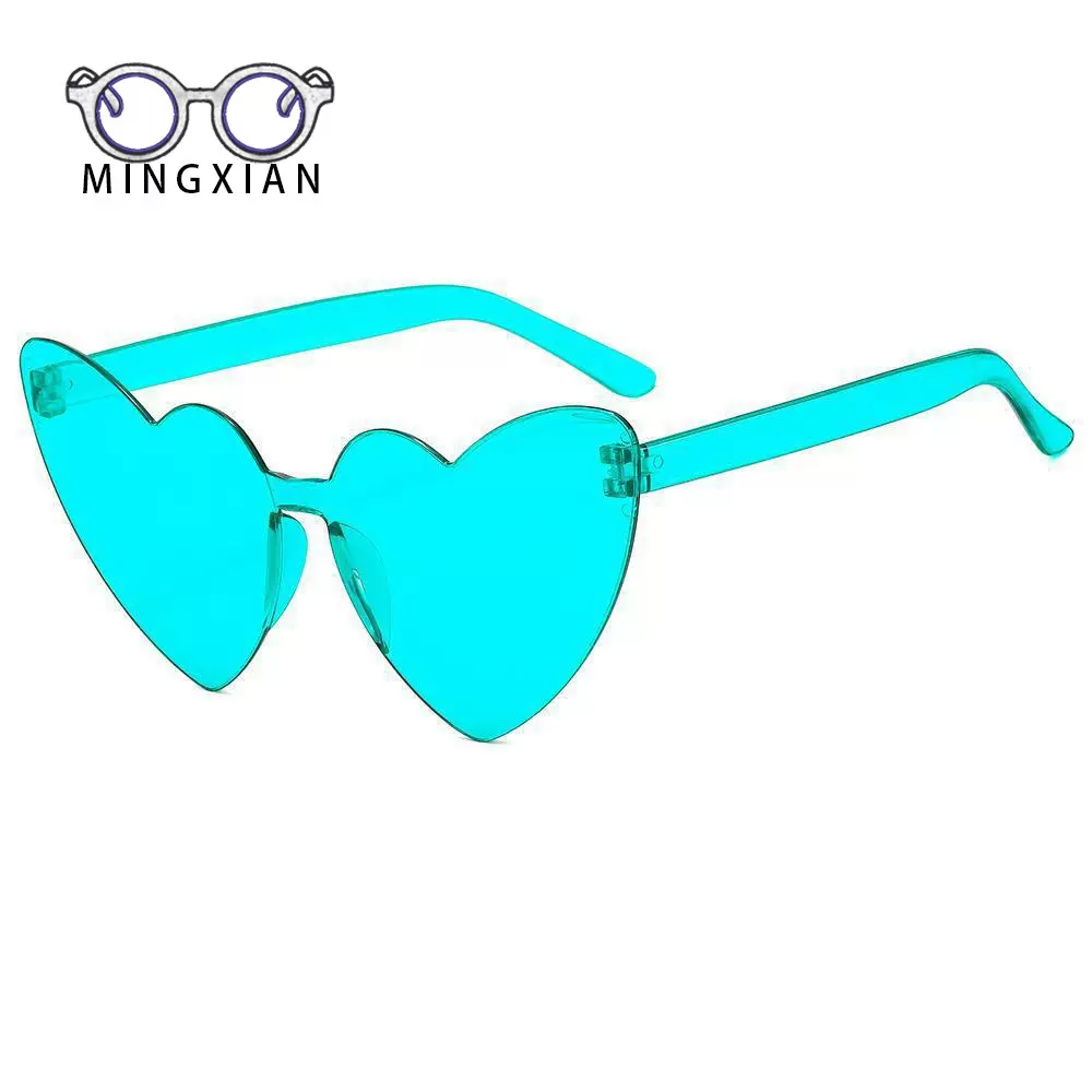 新款欧美斜桃心太阳镜个性无框连体墨镜网红街拍舞会爱心派对眼镜