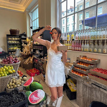 美式性感拼接蕾丝名媛风吊带裙白色纯欲修身新款复古设计感连衣裙