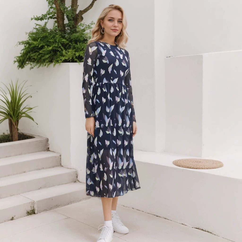 Amazon Европа и США трансграничная внешняя торговля 2025 весна и лето новый круглый вырез с длинным рукавом с принтом сетка длинное платье женское