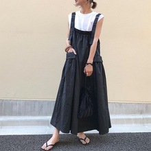 现货跨境风背带裙套装夏中长款大口袋过膝减龄口袋可爱日系背带裙