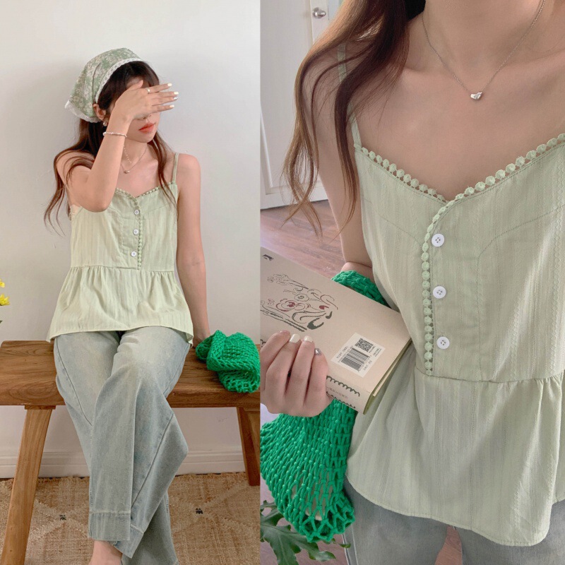 Korean Style Chic Pure Desire Lace Single-breasted Cotton Small Camisole Vest Women's Age-reducing Solid Color All-match Girl Top Korean Style Chic Pure Desire Lace Single-breasted Cotton Small Camisole Vest Women's Age-reducing Solid Color All-match Girl Top