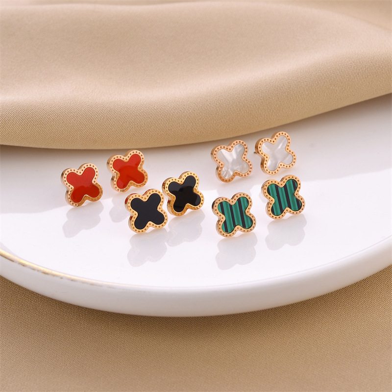 Fashion Four Leaf Clover Titanium Steel Plating Inlay Shell Ear Studs 1 Pair