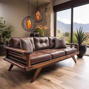 New Chinese-style Walnut Three-person Sofa Living Room High-end Straight Row Leather Four-person Solid Wood Leather Art Rohan Bed Princess Couch