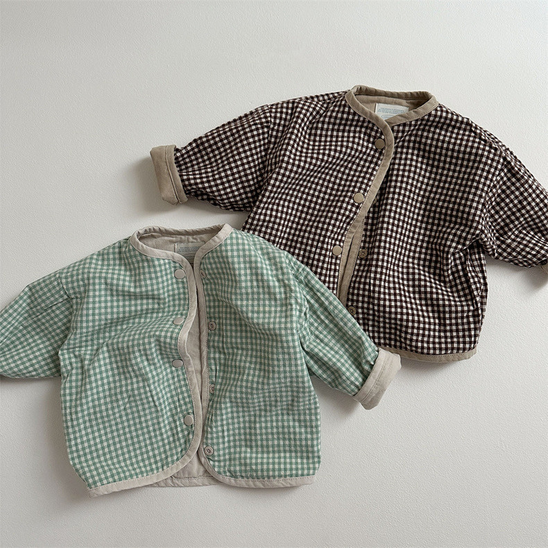 Niños de otoño dos lados vestir chaqueta ropa de bebé 2025 primavera y otoño nuevo producto de ropa infantil coreana chaqueta a cuadros para niños