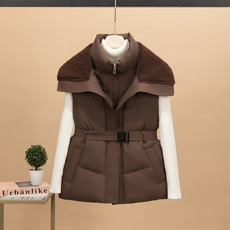 2025 New Cross-Border European and American Style Women's Vest with Lamb Wool, Turn-Down Collar, Waist-Cinching, Cotton-Padded Vest, Stand-Up Collar, Thick Jacket