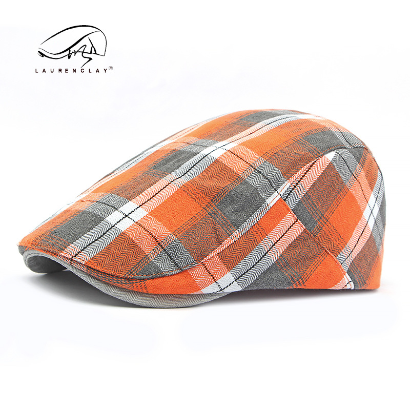 Boina de las mujeres de primavera y verano Delgado transpirable casquillo enarbolado de los hombres artístico retro Plaid sombrero delantero Plaid pintor sombrero