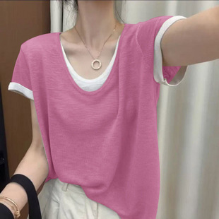 2025 Summer Thin Ice-Feel Snowflake Cotton Fake Two-Piece V-Neck Short-Sleeved T-Shirt Casual Fashion Wear Western Style Clothes for Women