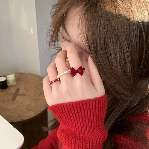 Retro velvet autumn and winter red bow pearl bead ring sweet and upscale design index finger ring for women