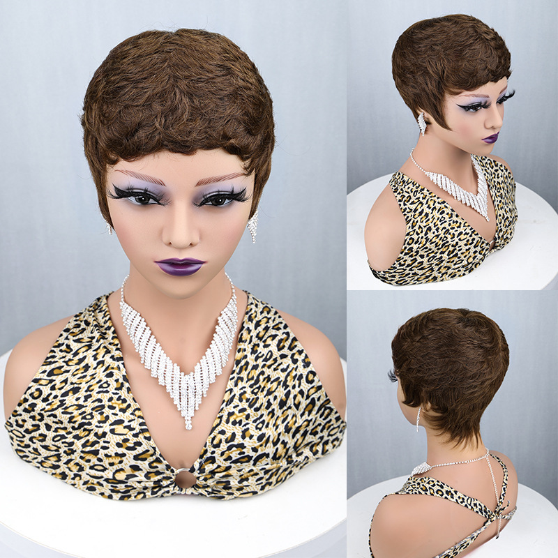 Peluca Corta Rizada de Cabello Real para Mujeres