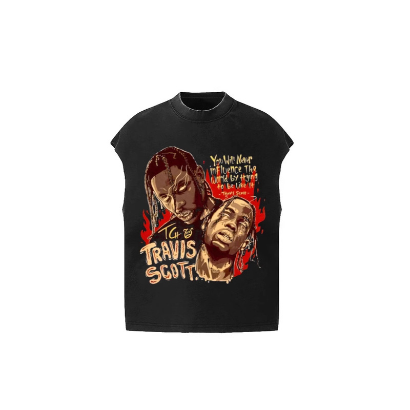 Travis Scott Scott BIG FACE portrait performance pompous funny print distressed sleeveless waistcoat T